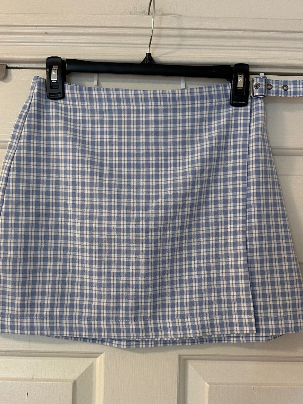 Wild Fable Plaid Faux Wrap Mini Skirt Blue White Gingham Womens Small Adjustable